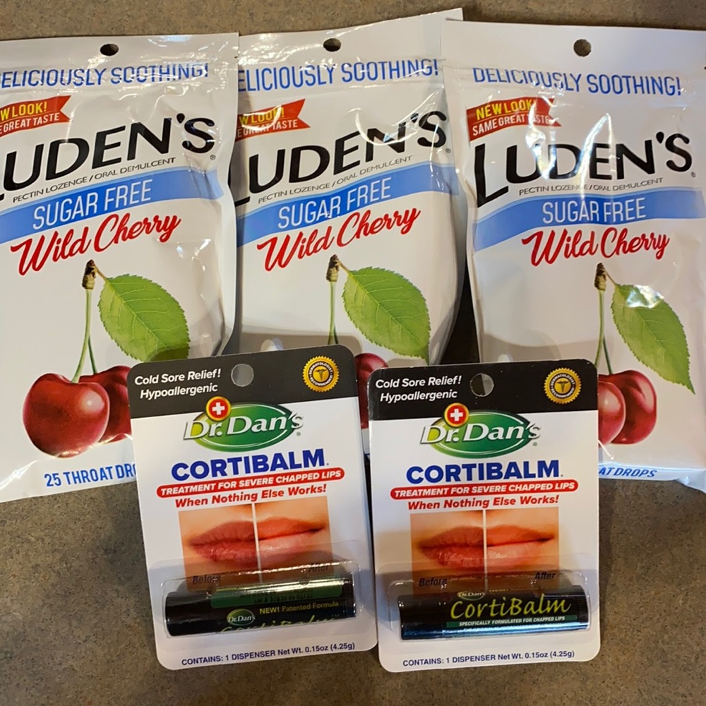 Bundle 2 Dr Dan's Cortibalm lip balm and 3 Luden's sugar free cherry cough drops